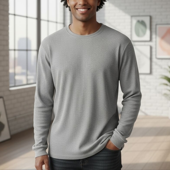 Gray Long Sleeve henley crewneck with waffle Texture - Picture 2 of 5